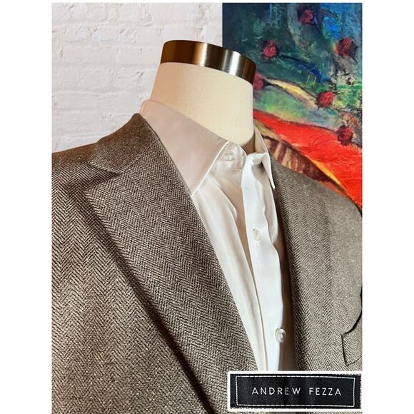 Andrew Fezza 44R Men Taupe Beige Herringbone Silk Tweed Blazer Sport Coat Jacket - Picture 5 of 15